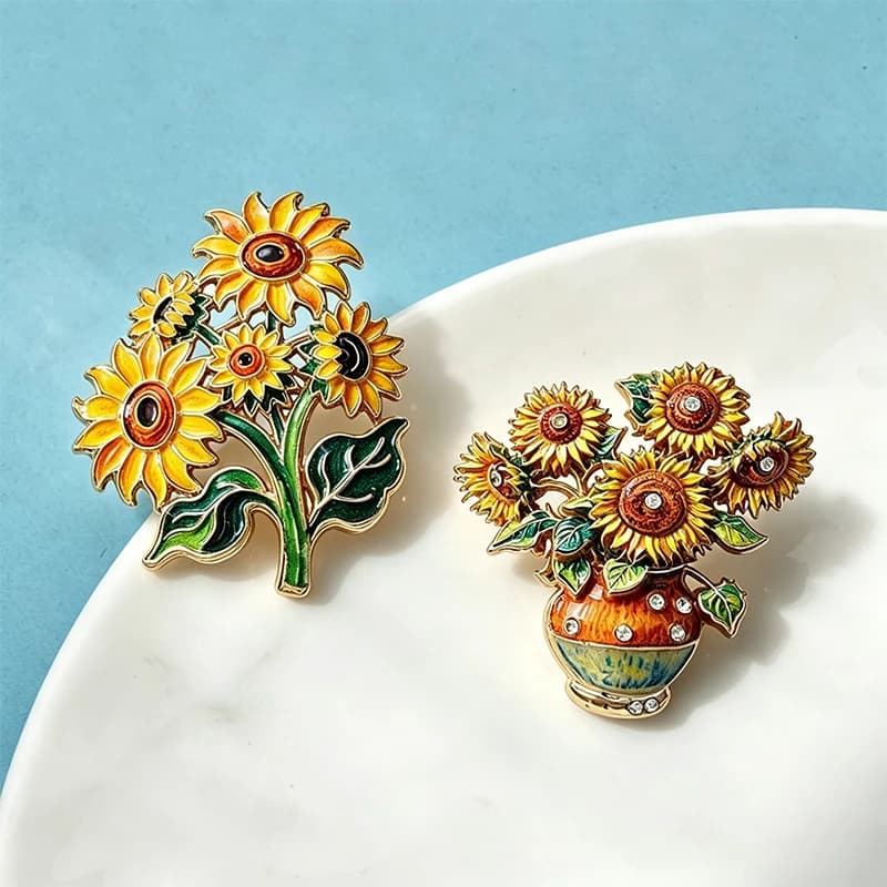 Wuli&baby Bright Sunflower Brooches Pins 2-design Famous Picture Beautiful Flowers Casual Party Brooch Pin For Women Unisex Gift