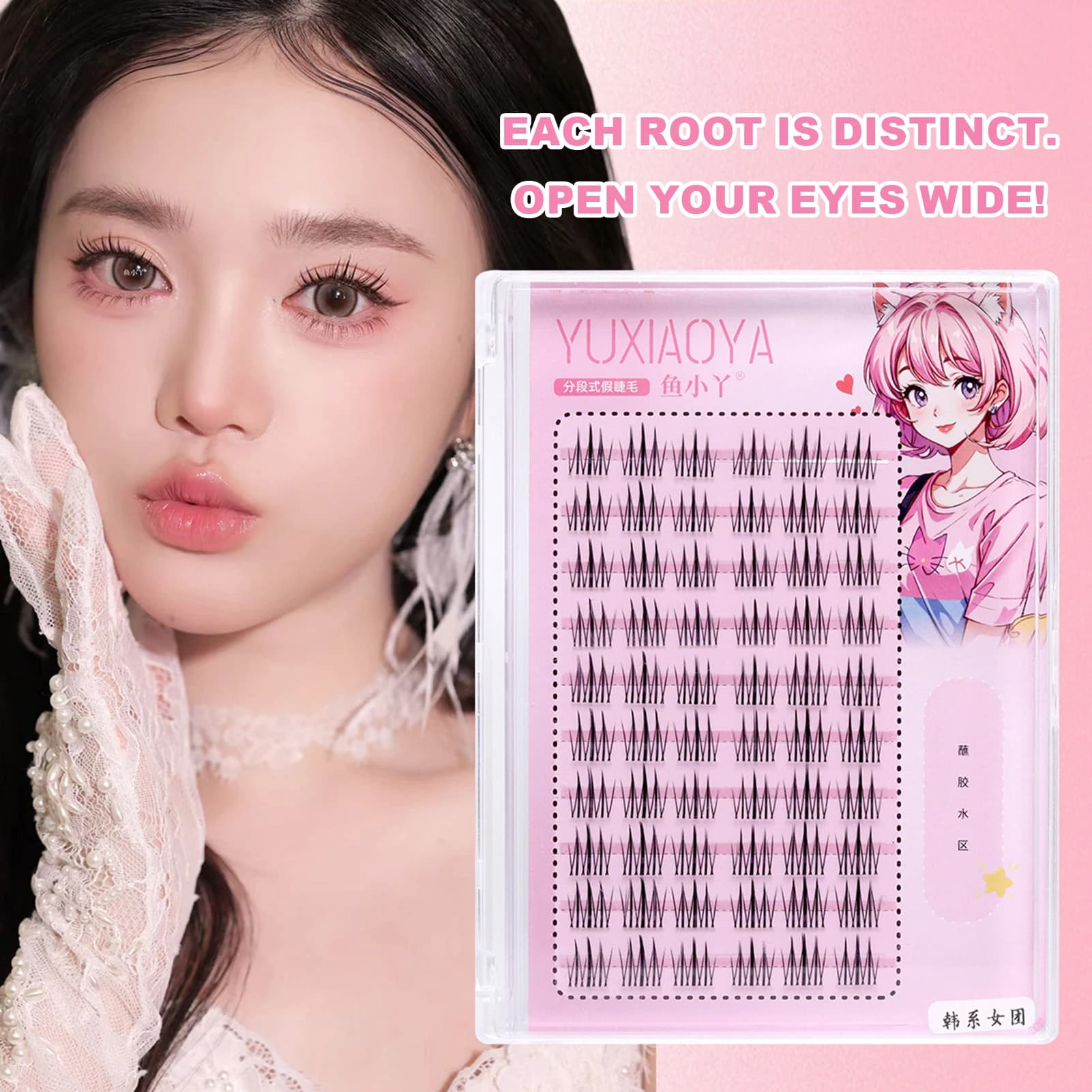 Extension Korean style eyelashes with transparent stem, fake eyelashes with natural tufts, mixed length 9-12mm, voluminous eyelashes for everyday makeup