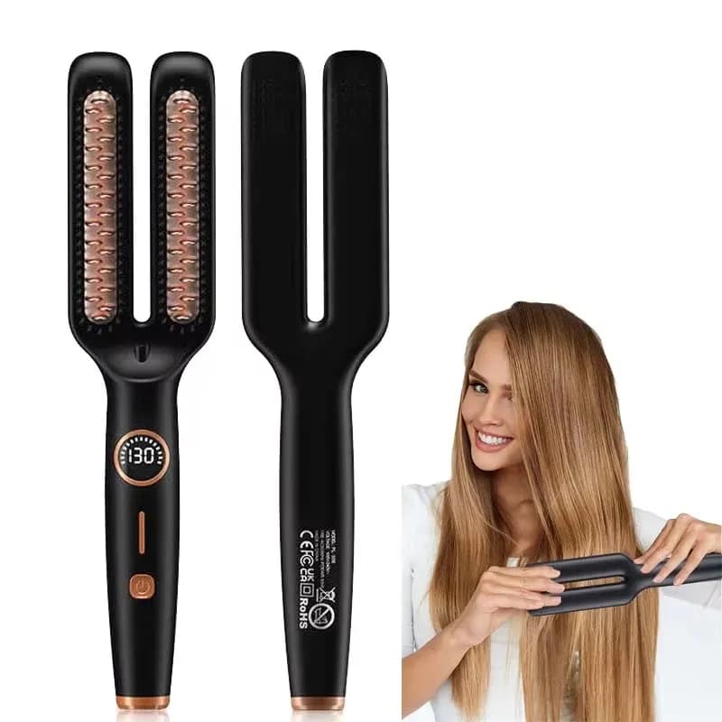 Piastra Lisciante Doppia in Ceramica 2 in 1 con Riscaldamento Rapido, Spazzola Lisciante con Display LCD Digitale Anti-Scottatura, Pettine Lisciante per Capelli One-Step