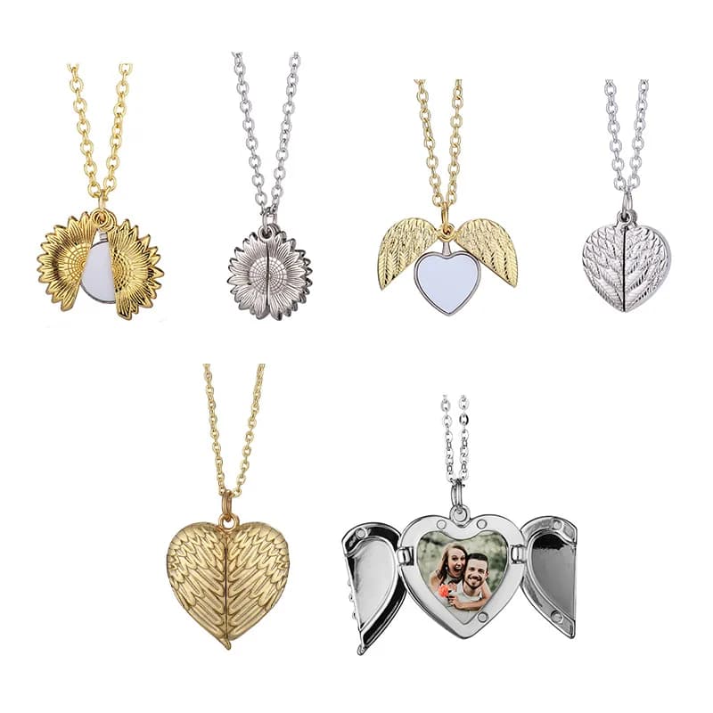New Sunflower Pendants Necklace Angel Wing Necklace Heart Opening And Closing Design Sublimation Blanks For DIY Logo Print
