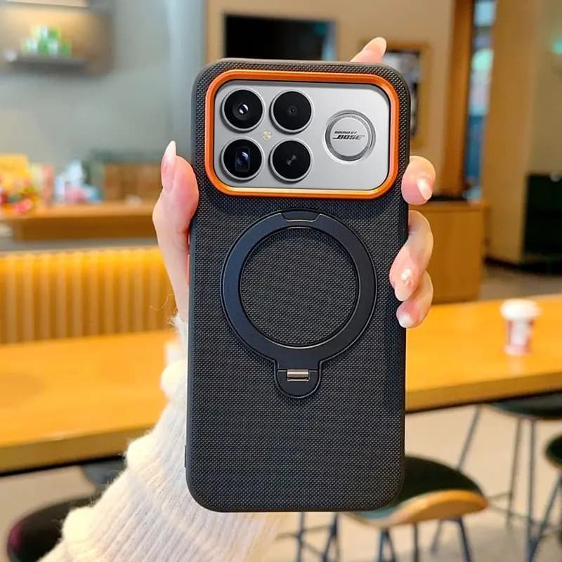 Premium Business Metal Rotating Stand Case for Poco F8 Ultra F8 Pro Orange Ring Lens Frame Leather Shockproof Protection Cover