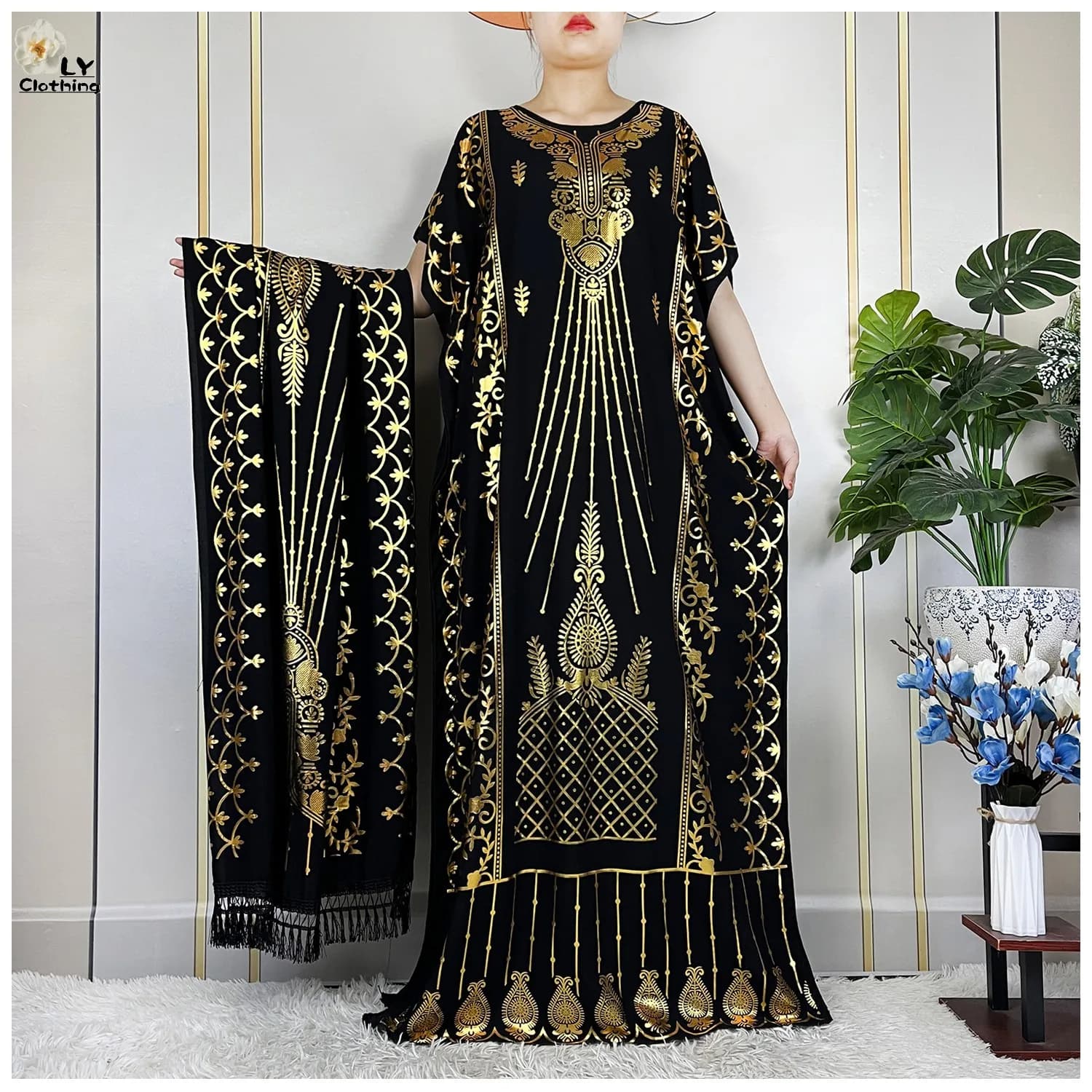 2023 New Muslim Summer Sleeves Corta Veste Gold Print Boubou Maxi Women Women Female Dress Trained With Great Shark Abaya African Dresses