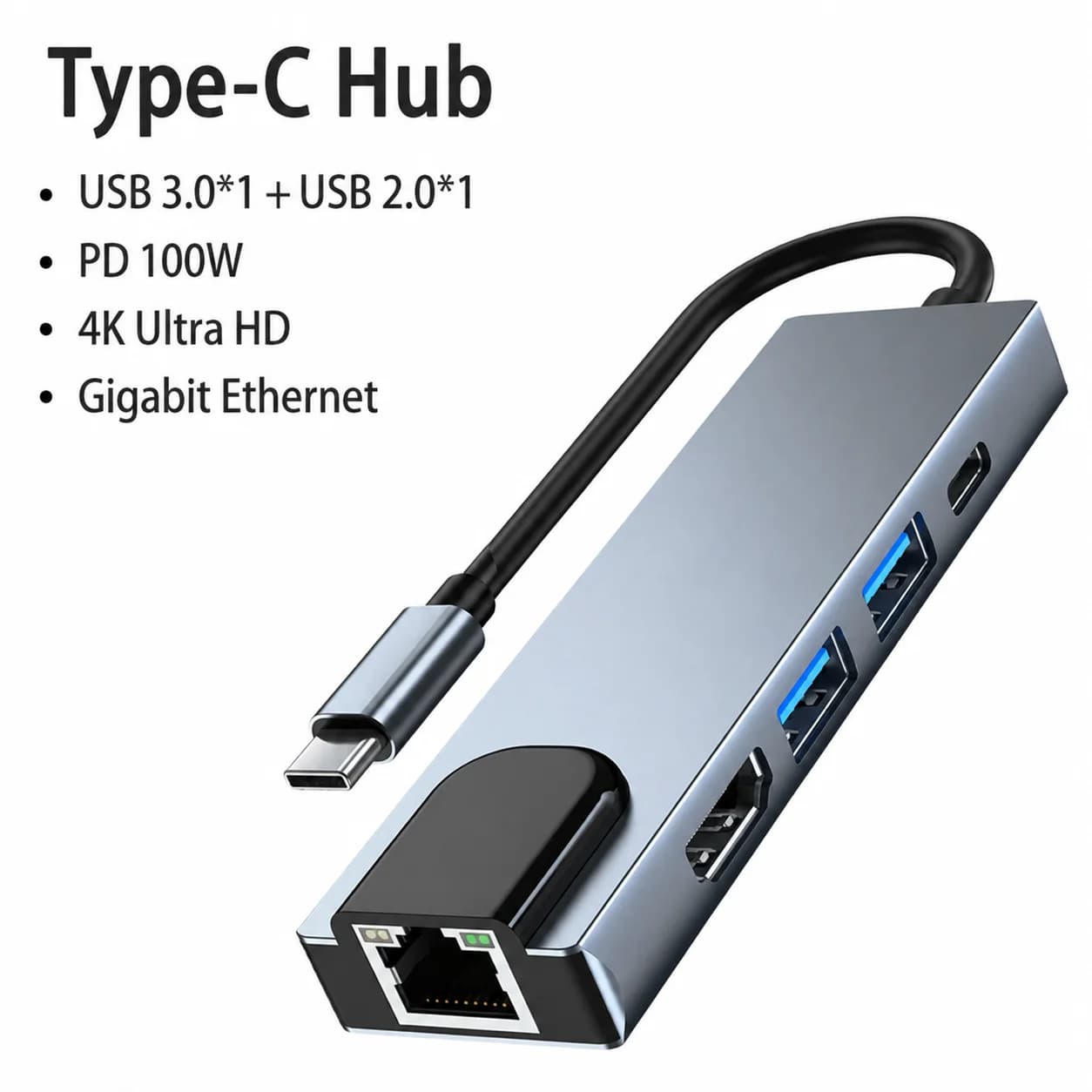 Five-in-One Type-C Expansion Dock USB Hub Network Card HDMI USB-C Compatible with Switch - Universal Laptop Adapter