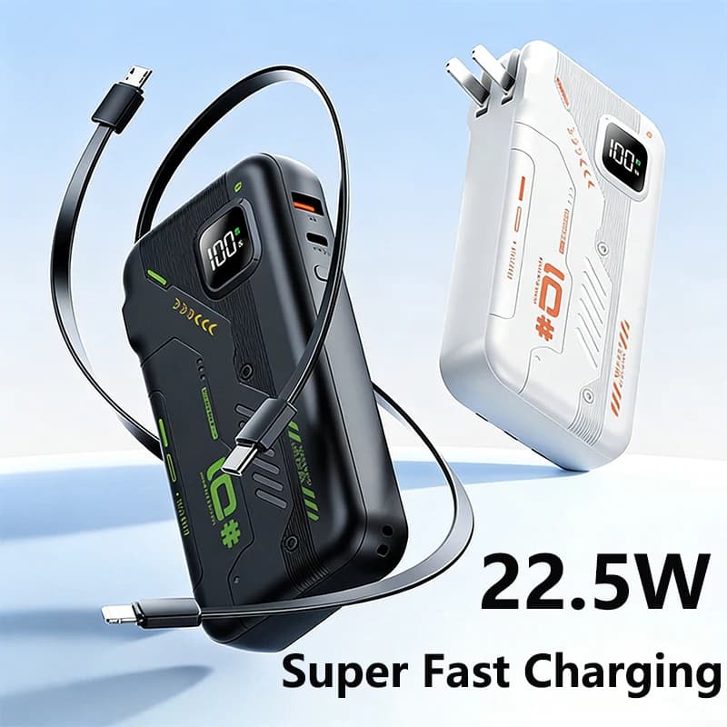 Power Bank from 20000mAh with Quick Charging 22.5W, Cable and Charger from Wall AC for iPhone 17, Huawei, Xiaomi, Samsung