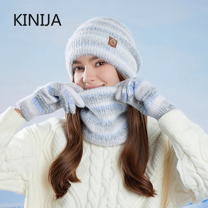 Winter cap Women's scarf Set GradientColor Knitted Hat Skullcap thickened fleece lining Outdoor cycling Windproof caps