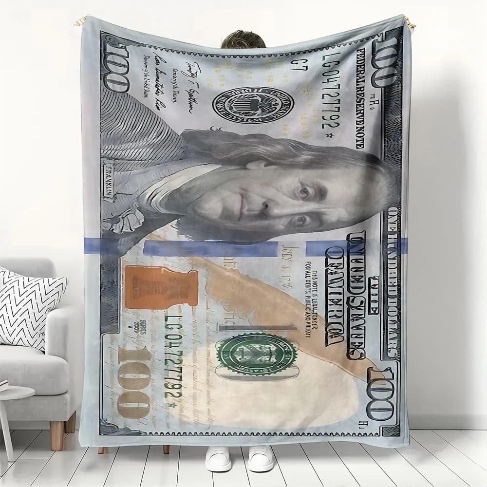 Coperta in flanella con stampa banconota da 100 dollari, plaid realistico con motivo dollaro americano, morbida e accogliente per gli amanti dei soldi, decorazione per la casa, regalo caldo per divano e poltrona