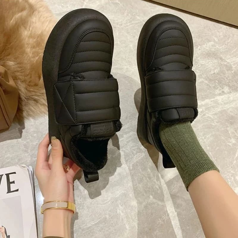 Cream White Flannel Lined Thick Sole Sneakers Japanese Bread Loaf Design with Velcro Closure Non Slip Rubber Outsole​