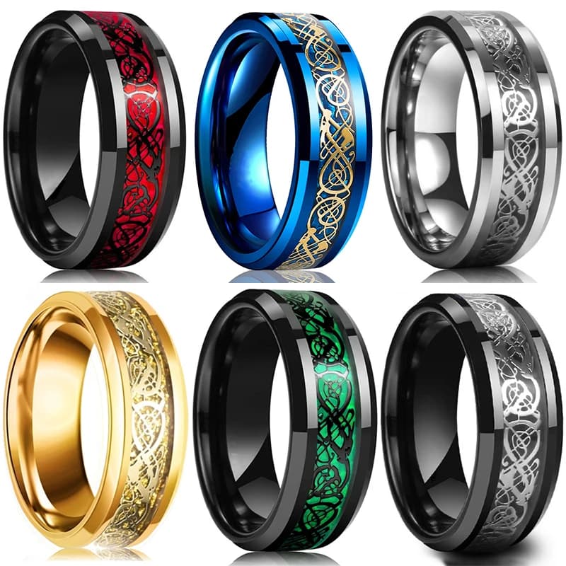 Fashion 8mm Men's Stainless Steel Celtic Dragon Ring Inlay Red Green Black Carbon Fiber Ring Wedding Band Charm Jewelry Gifts