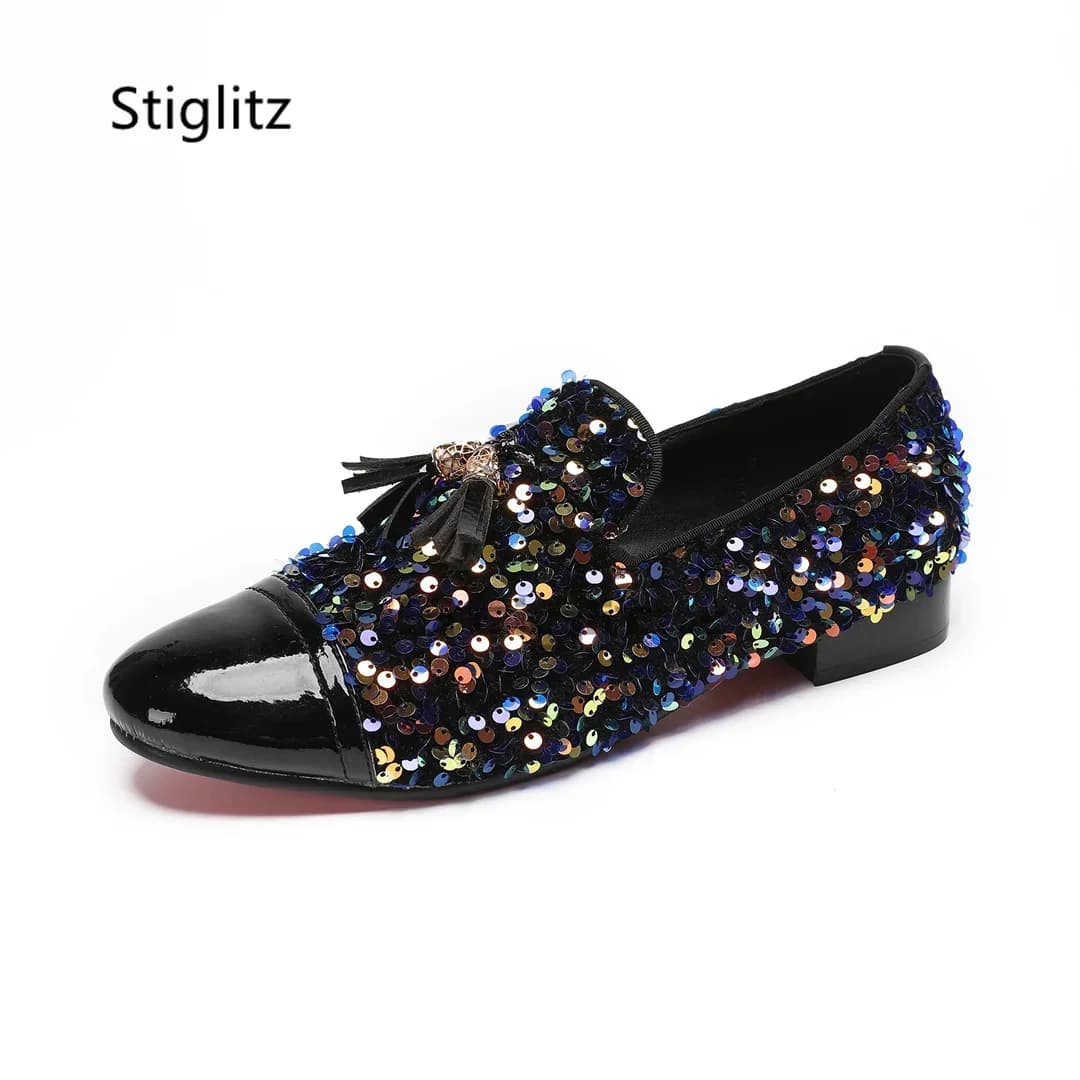 Glitter Sequin Fringe Men's Shoes Round Toe Black Blue Gold Casual Tassel Loafers Comfortable Luxury Men's Social Shoes Catwalk