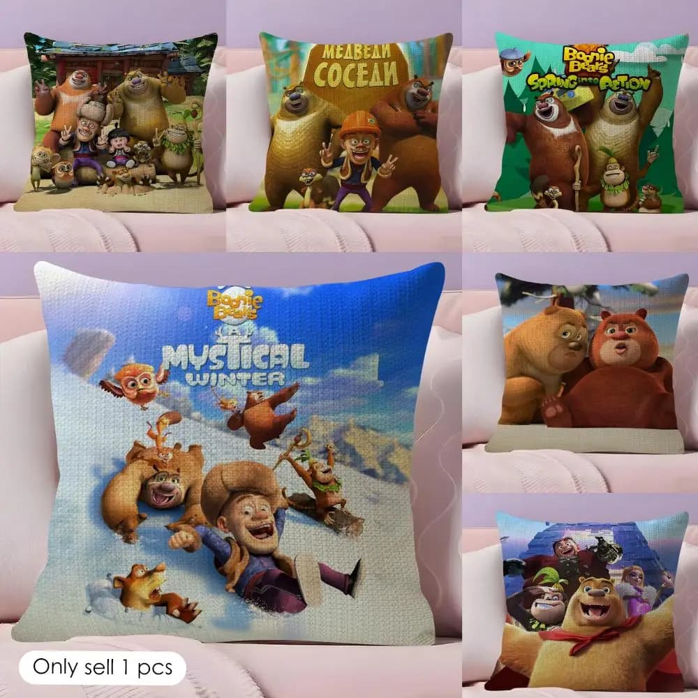 B-Boonie B-Bears Cushion Cover Summer Coolness Linen Fabric Double-Sided Printing Pillow Case Sofa Home Decor Gift