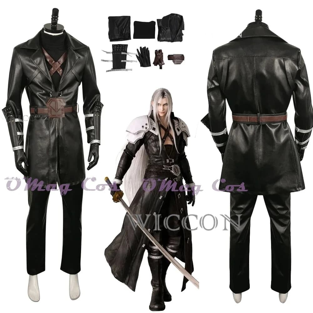 Costume Cosplay Sephiroth, Cappotto, Pantaloni, Cintura, Set Completo, Abbigliamento per Halloween, Carnevale, Festa in Maschera per Uomini