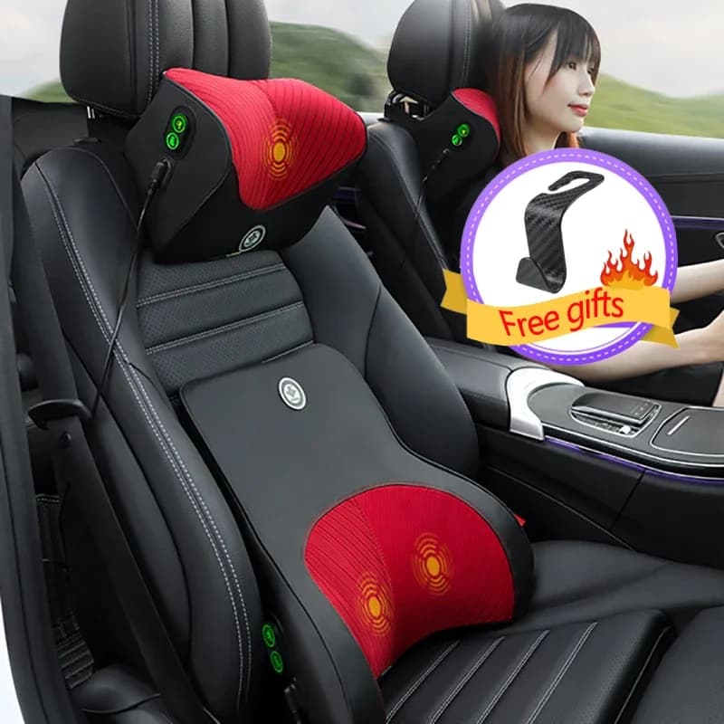 Cuscino per il collo del poggiatesta per massaggio elettrico per auto maglia traspirante + cuscino lombare per sedile universale in pelle proteggi il viaggio della colonna vertebrale lombare