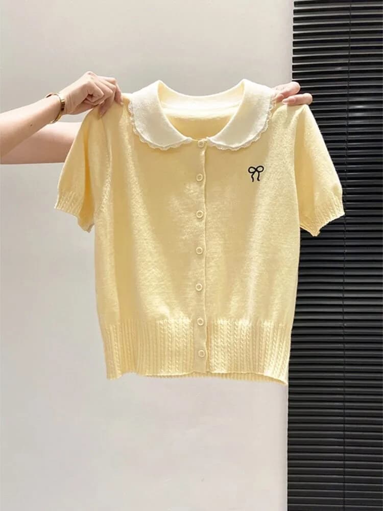 Cardigan Giallo Lavorato a Maglia a Maniche Corte con Colletto a Bambola, Nuovo Top Estivo da Donna con Ricamo a Nodo e Effetto Snellente