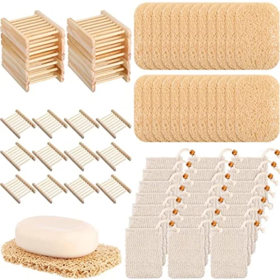 Set di 72 Accessori per Sapone con Portasapone in Legno, Cuscinetti Salvasapone, Porta Saponetta con Drenaggio Automatico, Sacchetto a Rete per Doccia, Bagno e Casa