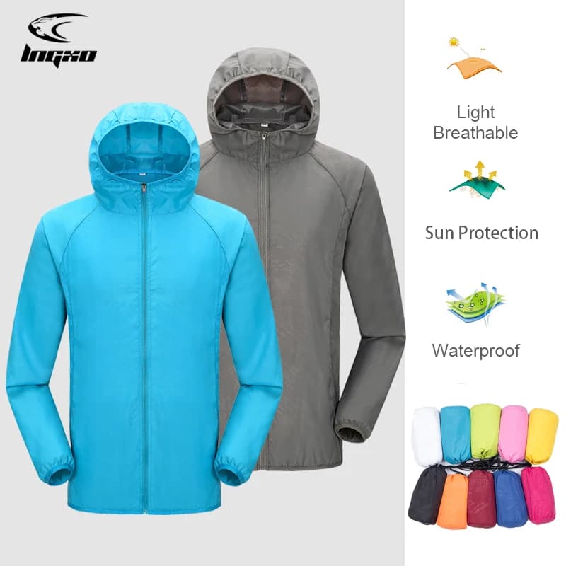 Giacca antipioggia da campeggio uomo donna protezione solare impermeabile abbigliamento da caccia da pesca giacca a vento in pelle ad asciugatura rapida con tasca