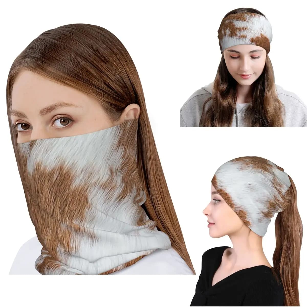 Elegante Bandana in Pelle di Mucca con Texture in Pelliccia, Copricollo, Maschera, Sciarpa, Copricapo Caldo, Berretto per Uomo e Donna, Lavabile