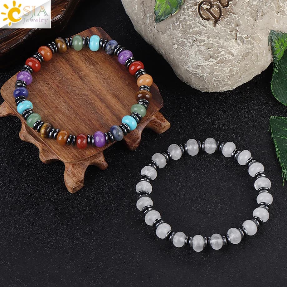 CSJA Natural Stone Ematite Protection Yoga Bracelet 7 Chakra Energy Tiger Eye Amazon Bracelets Jewelry for Women H648