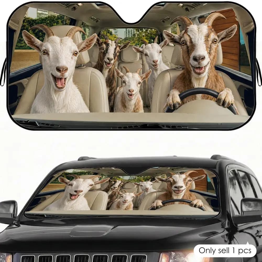 Parasole per Auto con Famiglia di Capre Divertenti, Protezione UV, Riflettente, Pieghevole, Copertura Isolante dal Calore