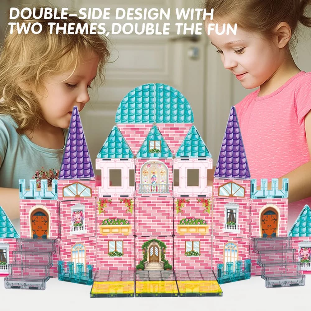 Set di Costruzioni Magnetiche Castello Rosa, Piastrelle Magnetiche Fai-da-Te Montessori STEM Giocattoli Educativi Sensoriali Regalo per Bambini dai 3 Anni in Su