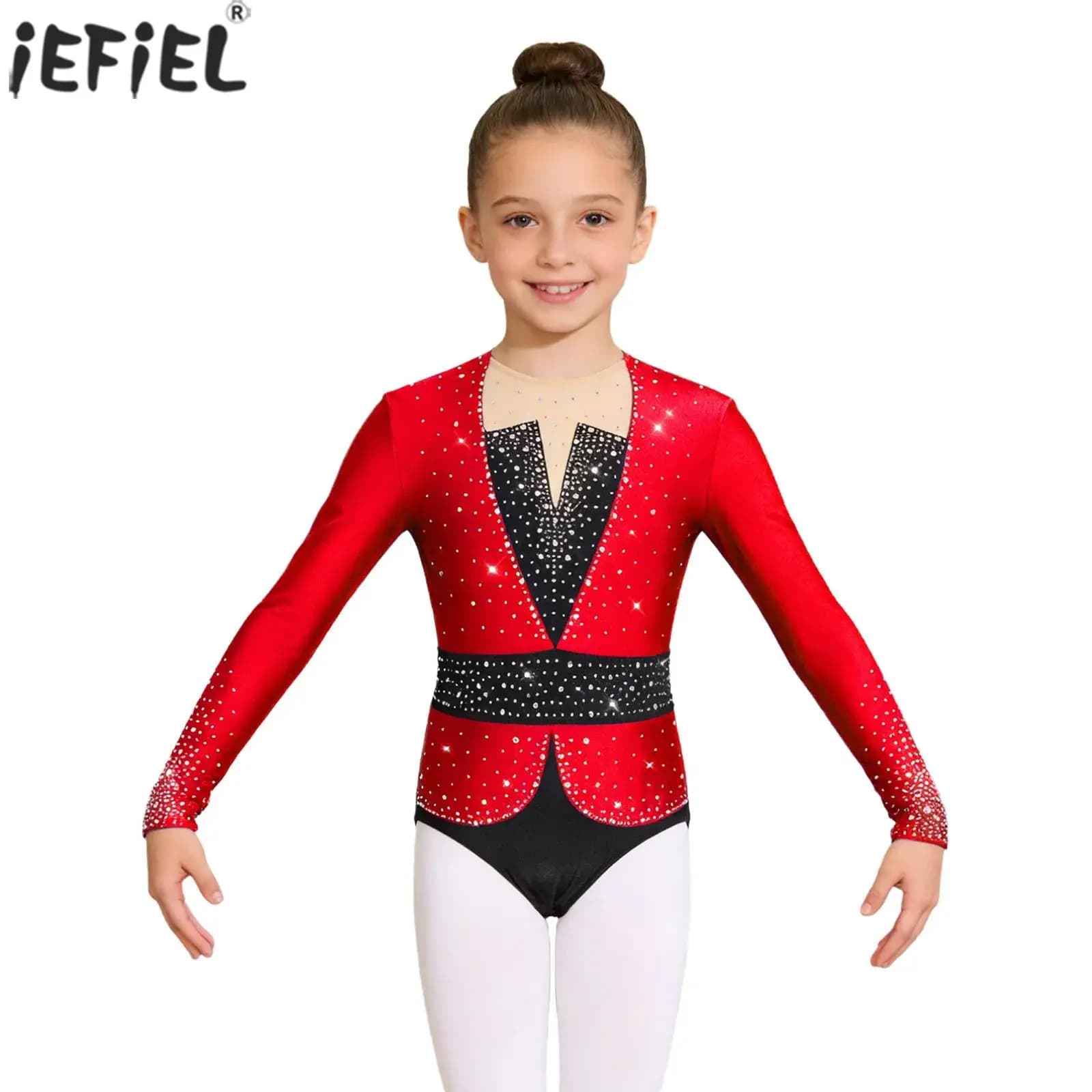 Body da Ginnastica per Bambine con Strass Lucidi e Maniche Lunghe per Pattinaggio Artistico, Acrobatica e Yoga
