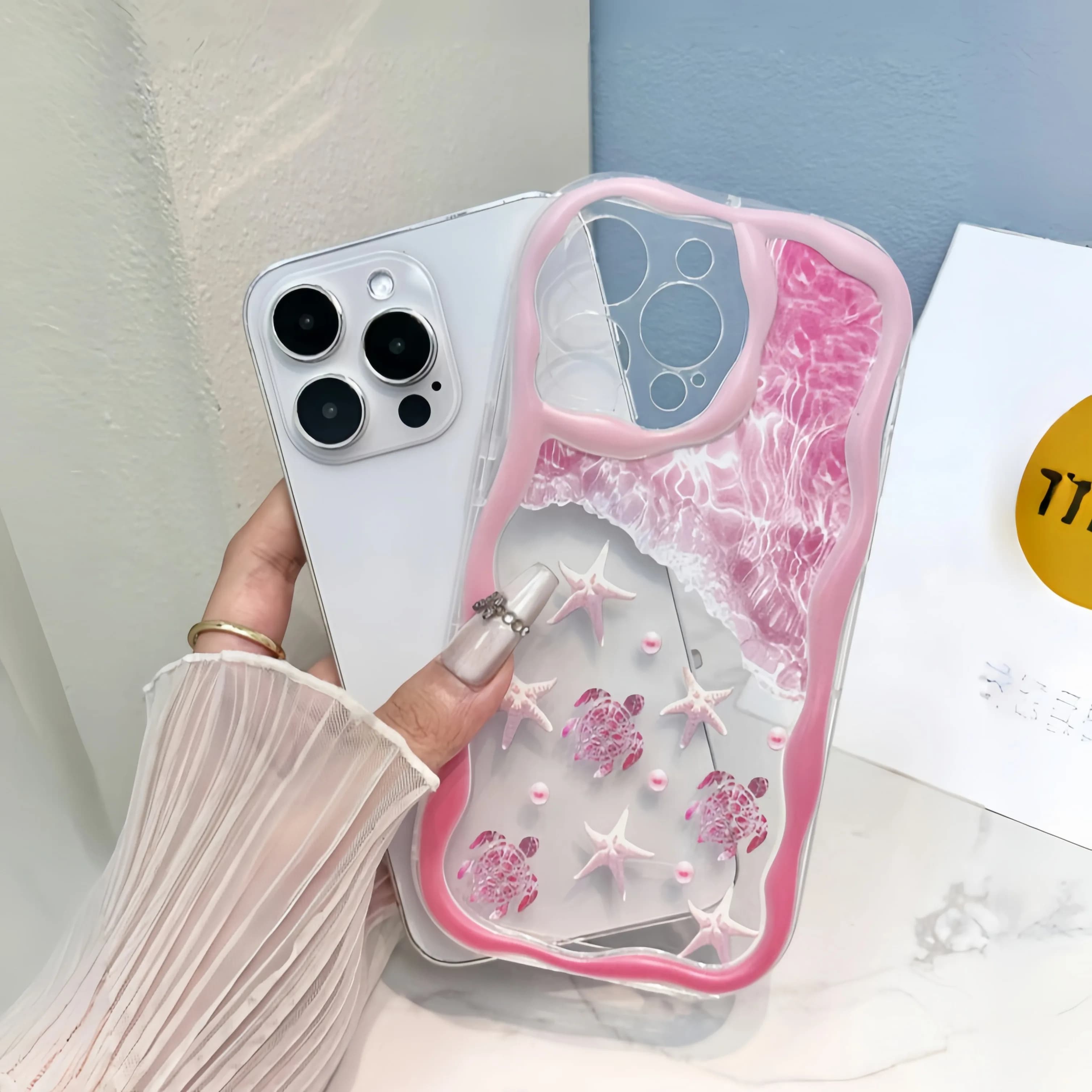 Undulating transparent phone case with pink star, anti-fall, compatible with iPhone 16/15/14/13/12 Pro Max 14 15 16 Plus