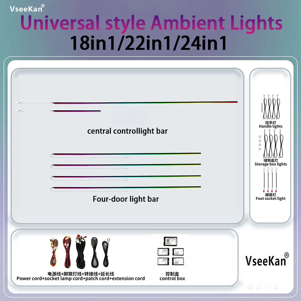 Kit di illuminazione ambientale per auto, kit di luci interne 18 in 1, kit di luci a LED neon acriliche a doppia zona Symphony, controllo tramite app mobile e telecomando.