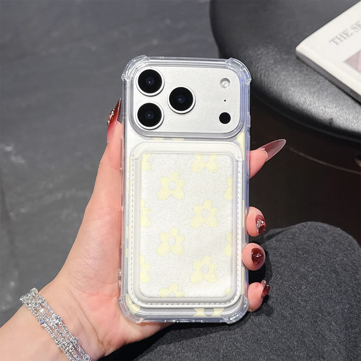Pale Yellow Flower Phone Case For iPhone 17 16 15 14 13 Pro Max Plus Wallet Pocket Transparent Soft TPU for Magnetic Phone Case