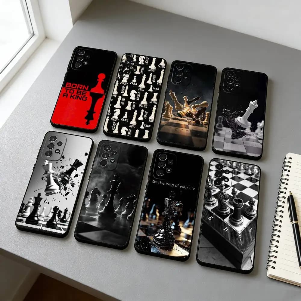 Custodia per telefono estetica a tema scacchi per Samsung S25, S24, S21, S22, S23, S30, Ultra, S20, Plus, FE, Lite, Note, 10, Cover Nera