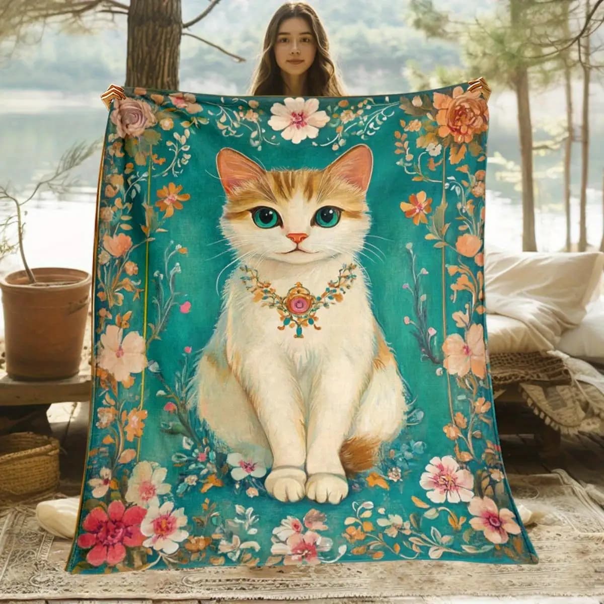 Cat and flower pattern Flannel printed blanket suitable for all seasons suitable for living room office sofa and travel