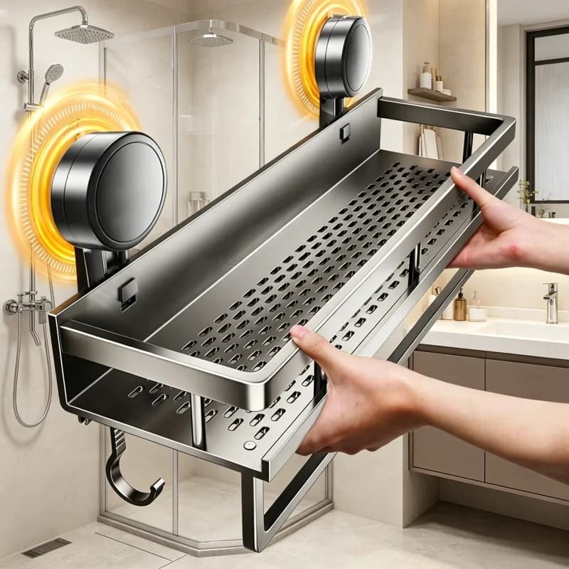 No-Drill Suction Cup Bathroom Shelf - Aluminum Hanging Rack for Toilet & Wall Space, Bathroom Organizer