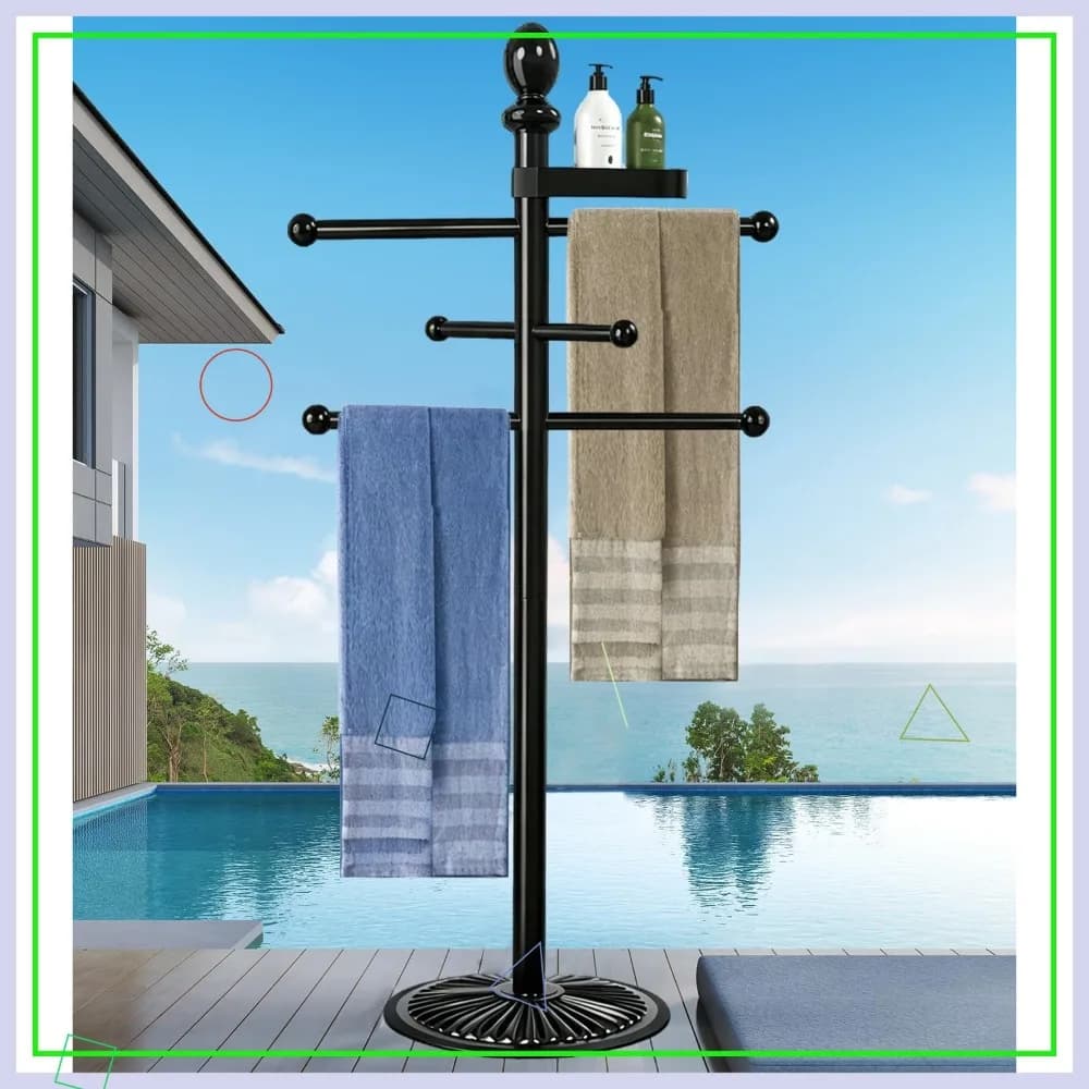 Portasciugamani da esterno per piscina, 6 barre con vassoio superiore, base in metallo resistente per accessori per vasca idromassaggio
