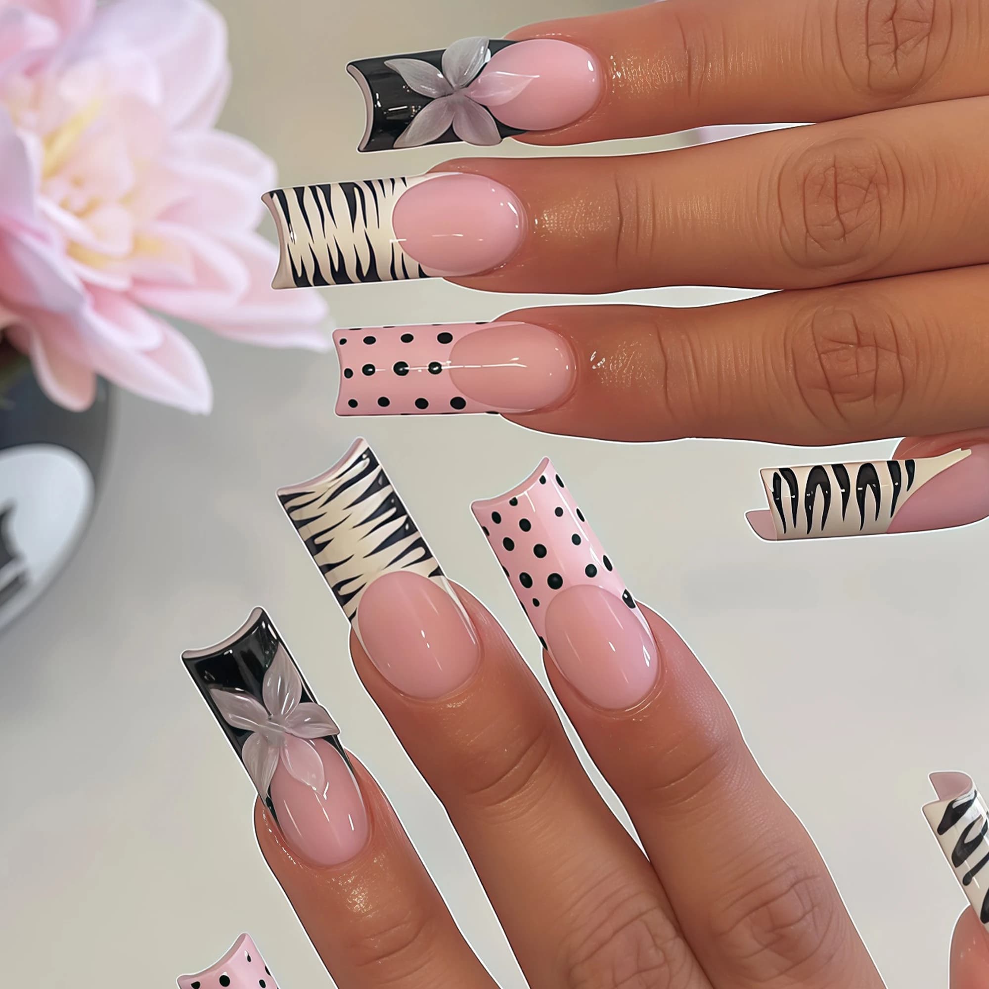 24 pezzi di unghie finte nere alla moda ed eleganti in stile francese, stile Y2K, elegante motivo floreale zebrato, design a pois, unghie indossabili adatte per donne e ragazze in primavera ed estate, da indossare tutti i giorni in autunno e inverno, set di unghie finte rimovibili con colla in gel e lima.