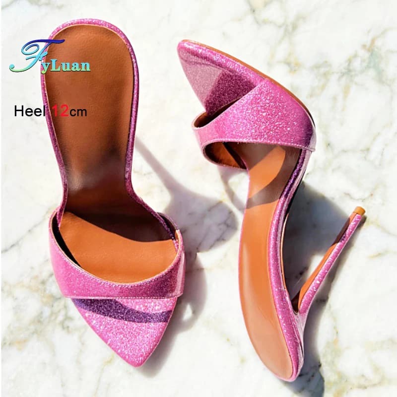 Pantofole a punta sexy da donna con glitter Bling Europa e America Nuovi tacchi alti Scarpe da donna con diapositive estive Sandali da spettacolo teatrale da 12 cm