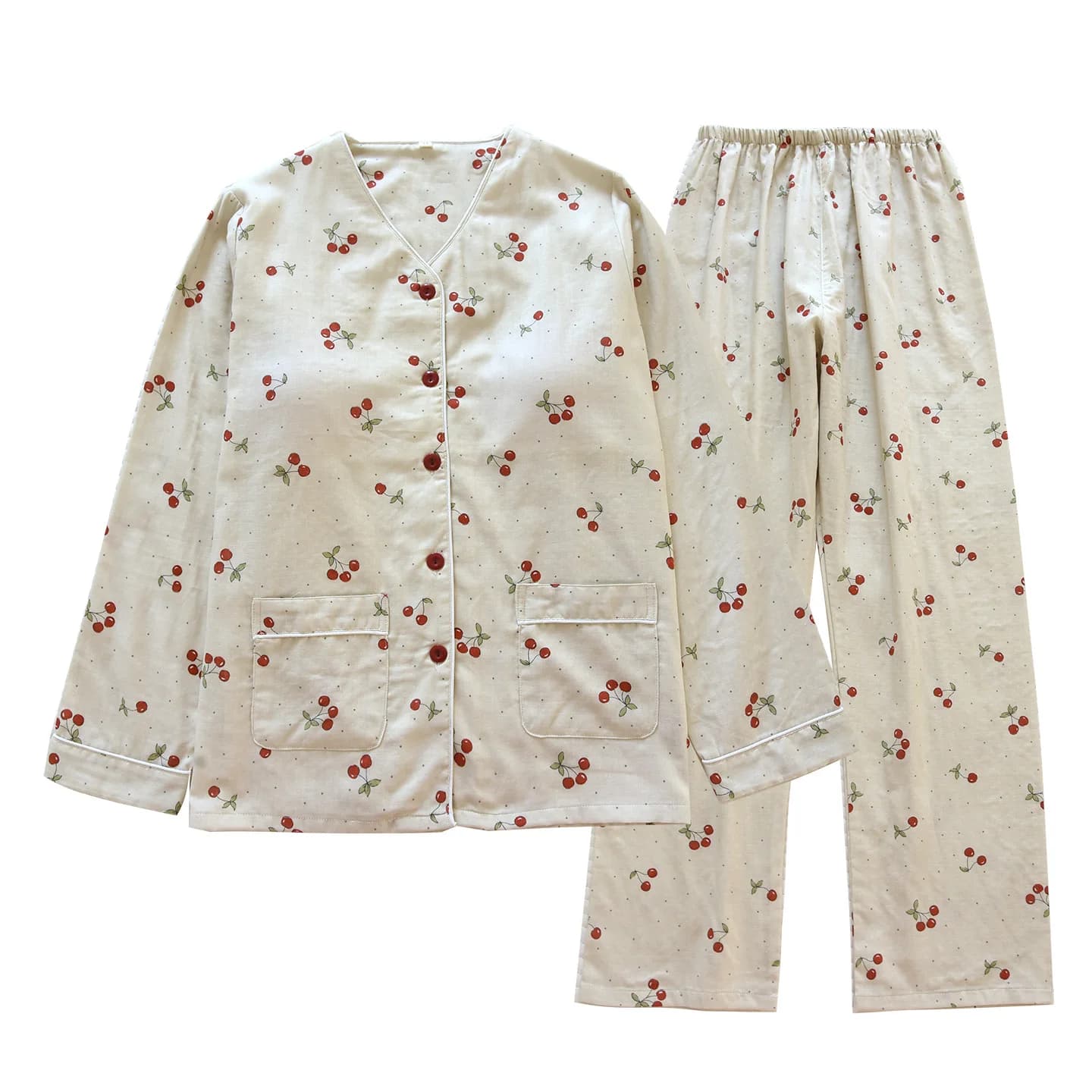 Women's Spring and Summer Cotton Pyjama With Breast Pad Long Sleeve Shirt Pants Set Pajamas