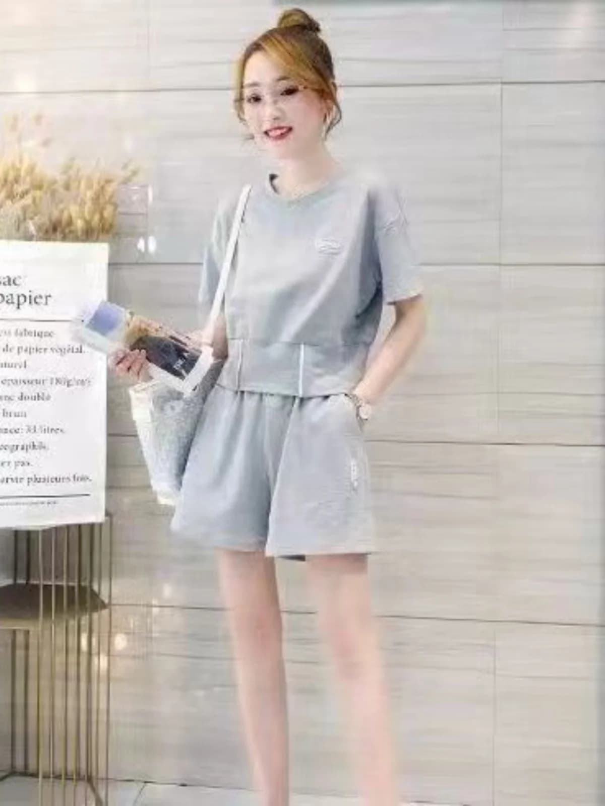 Grey Casual Sportswear Set Women Summer Small Size Fashion Loose Printed T-shirt Shorts Thin Two-piece Set round Neck Short S...