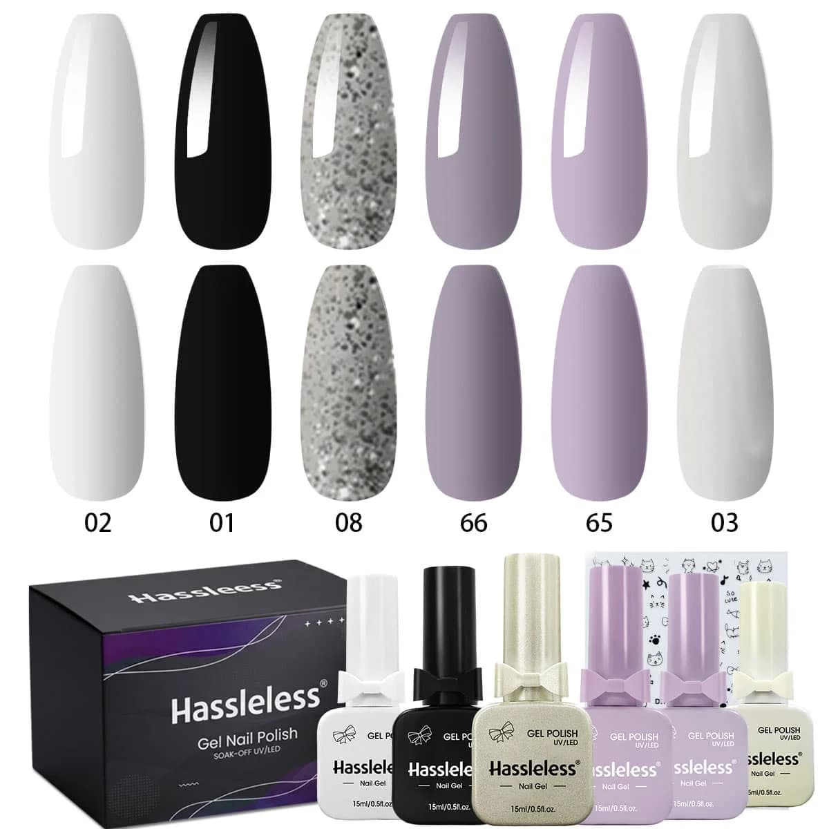 Hassleless 6-piece gel nail polish gift set, 15ml large bottle of removable gel polish, vibrant color, mirror shine, long-lasting and durable, not easy to peel off