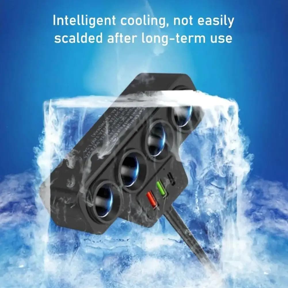 Car Charger 4 in 1 QC3.0 - Dual USB + PD cigarette lighter splitter for quick charging of 4 devices simultaneously