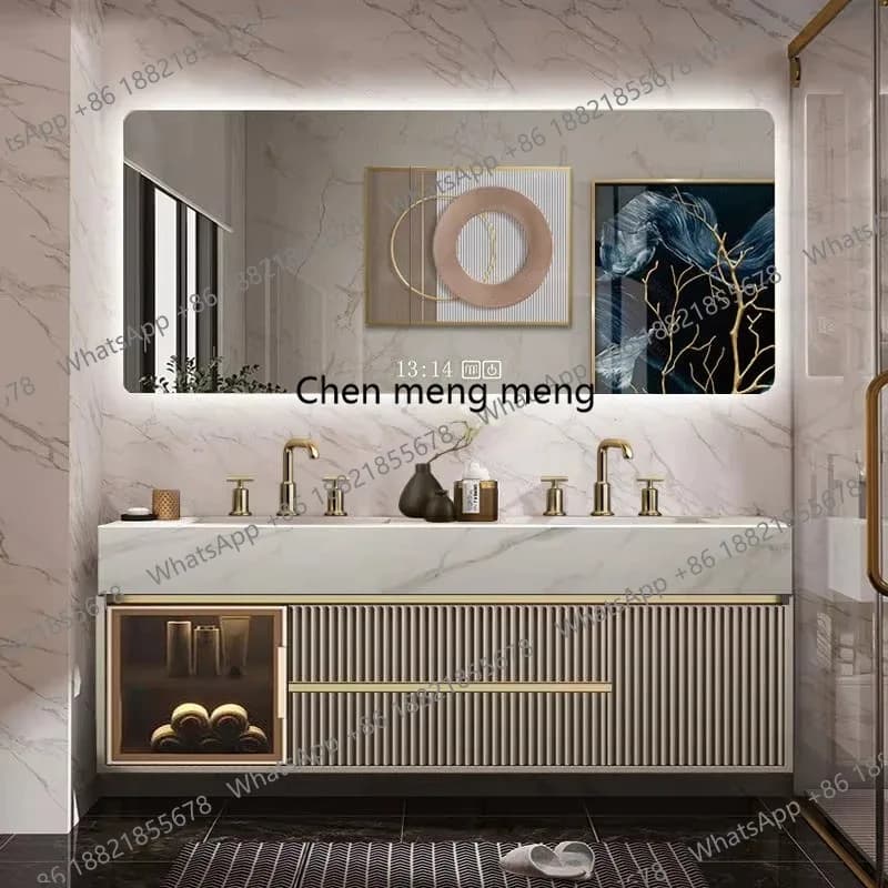 Set moderno europeo per bagno con doppio lavabo, mobiletto impermeabile, piano d'appoggio e specchio con luci integrate