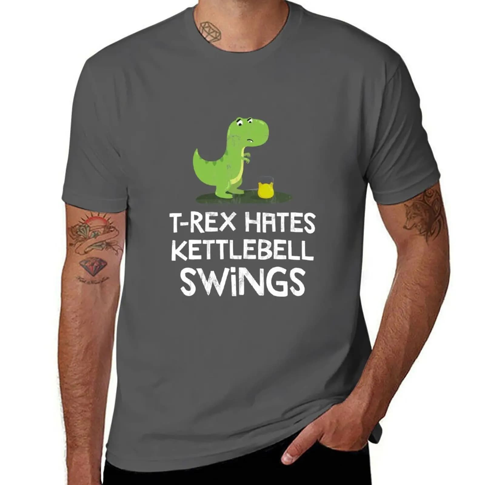 T-shirt with fun design in the shape of gym dinosaur, model Rex Hates Kettlebell Swings, classic, basic, casual.