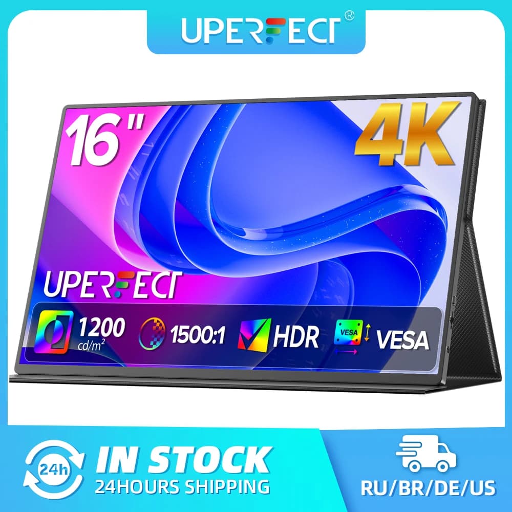 Monitor portatile UPERFECT da 16" 1200 nit 4K per laptop 3840 * 2400 UHD 100% sRGB IPS altoparlanti FreeSync display da gioco da viaggio esterno con VESA e copertura