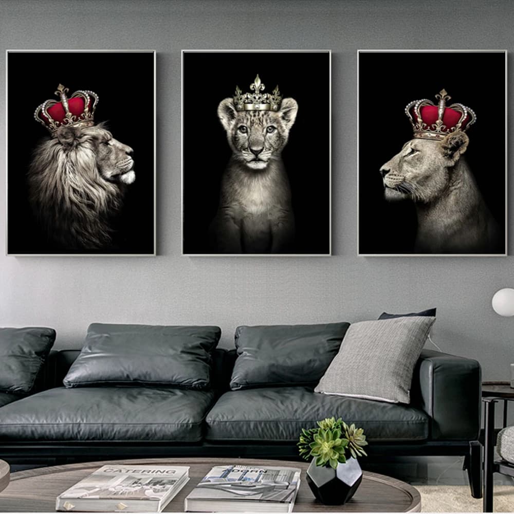 Poster con Leone Nero Africano, Corona, Re e Regina, Stampa Diamantata, Arte Murale per Soggiorno, Decorazione d'Interni
