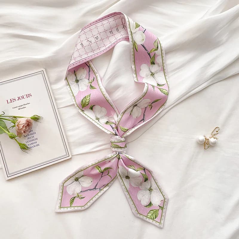 Korean Silk Satin Long Scarf For Women Clean Double Flowers Printed Retro Ladies Scarves Neck Scarf Bags Ribbons Hairdbands 2024