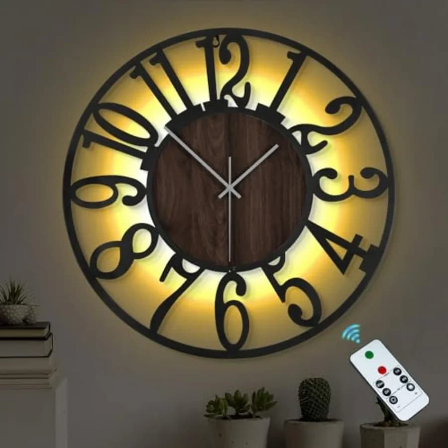 Orologio da Parete Grande 20'' Illuminato in Legno Rustico con Telecomando e Timer, Silenzioso a Batteria, Moderno Orologio da Parete Oversize per Soggiorno