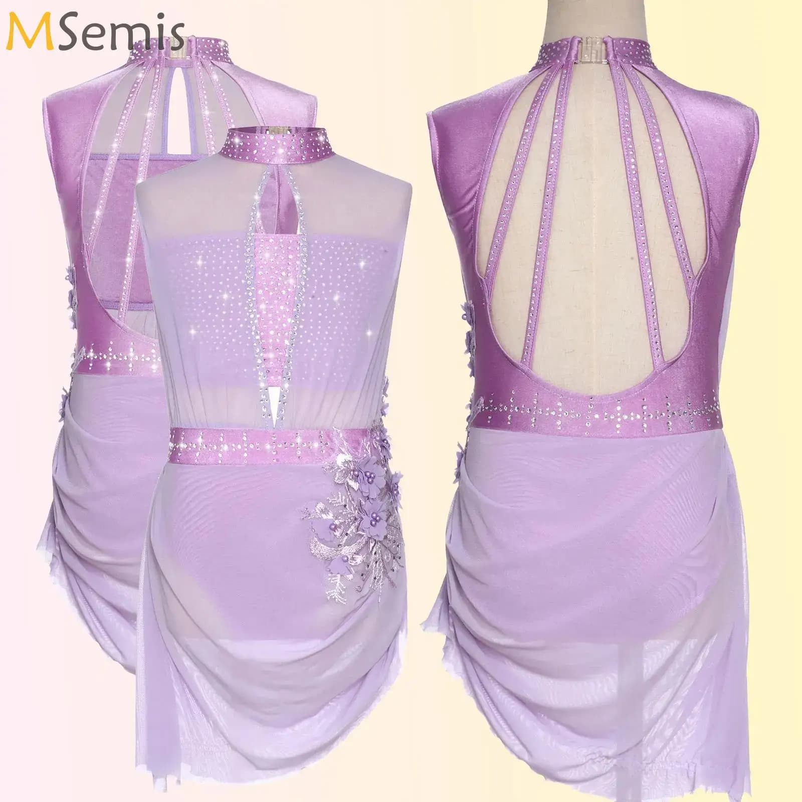 Vestito da tutu per danza classica da ginnastica per bambina, senza maniche, in rete trasparente, con strass lucidi, per spettacoli di danza di pattinaggio di figura