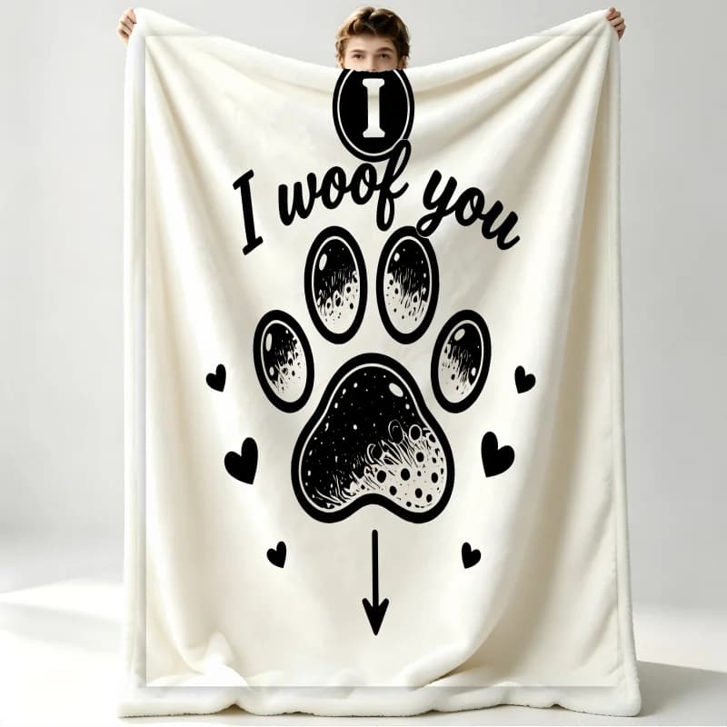 Blanket, Flannel Throw Blanket, Warm Gift Blanket, I Woof You Charming Dog Paw Print, Soft Warm Pet Lover Bed Sofa Cover
