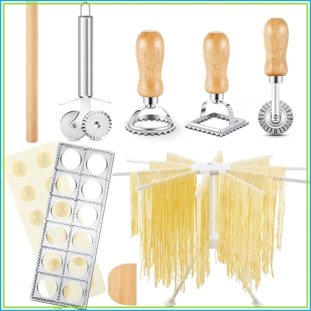 5 Pieces Ravioli Mold Set, 12 Holes Ravioli Maker Press, 3 Pasta Cutter Stamps, Wood Rolling Pin, Pasta Making Tools, Pelmeni Mold, Manual, Stainless Steel