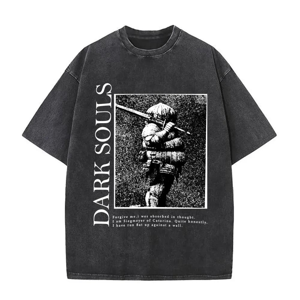 T-shirt Grafica Vintage Lavata Dark Souls Siegmeyer di Catarina, T-shirt Uomo Anni '90 Gothic Rock, T-shirt Punk Oversize da Uomo