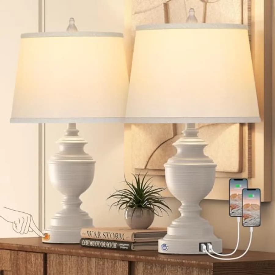 Set di 2 Lampade da Tavolo Moderne Stile Fattoria con Porte USB, Dimmerabili a 3 Livelli con Controllo Touch, Lampade da Comodino Effetto Lavato con Funzione Spegnimento