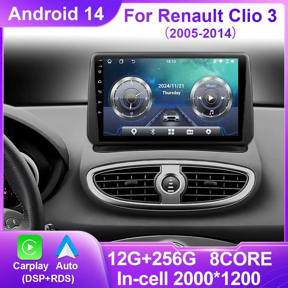 Auto Android 14 Per Renault Clio 3 2005 - 2014 Autoradio Lettore Multimediale di Navigazione GPS Autoradio CarPlay QLED Schermo No 2 din