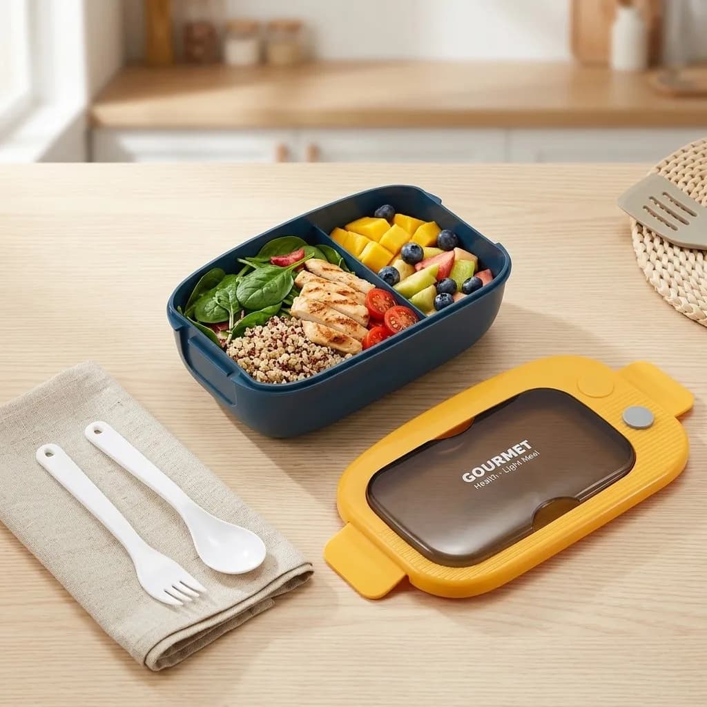 Plastic Bento Lunch Box 2 Compartment Microwavable Meal Prep Food Storage Container with Cutlery Leakproof for Adults Kids Work